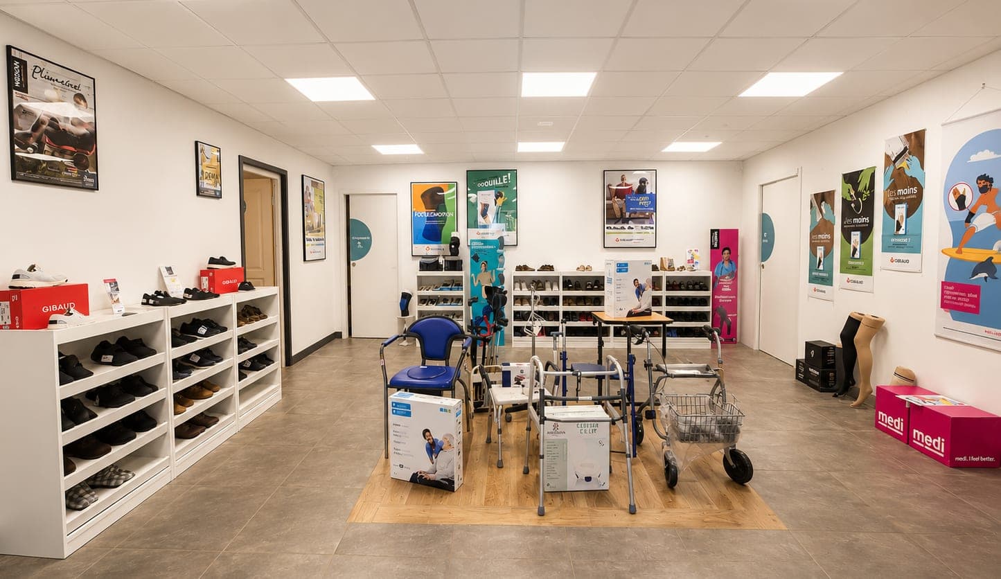 Espace matériel médical et orthopédie de la Pharmacie Carnot à Douai : chaussures de confort, déambulateurs, chaise de douche, rollator et bas de contention